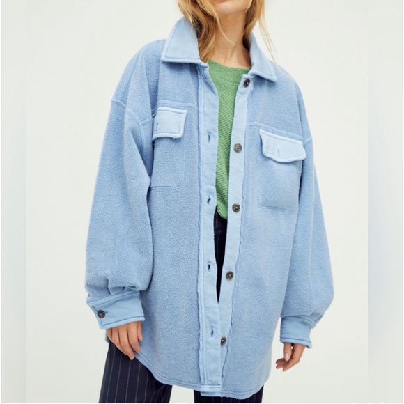 Free People Tops - Free People Oversized Fleece Shacket in Light Blue with Green Layering Top